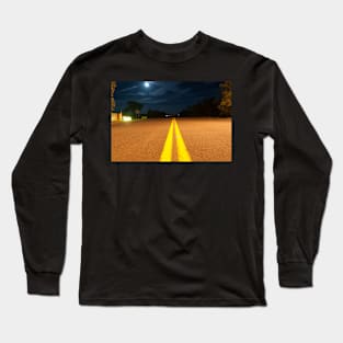 Yellow road lines stretch ahead in night light Long Sleeve T-Shirt